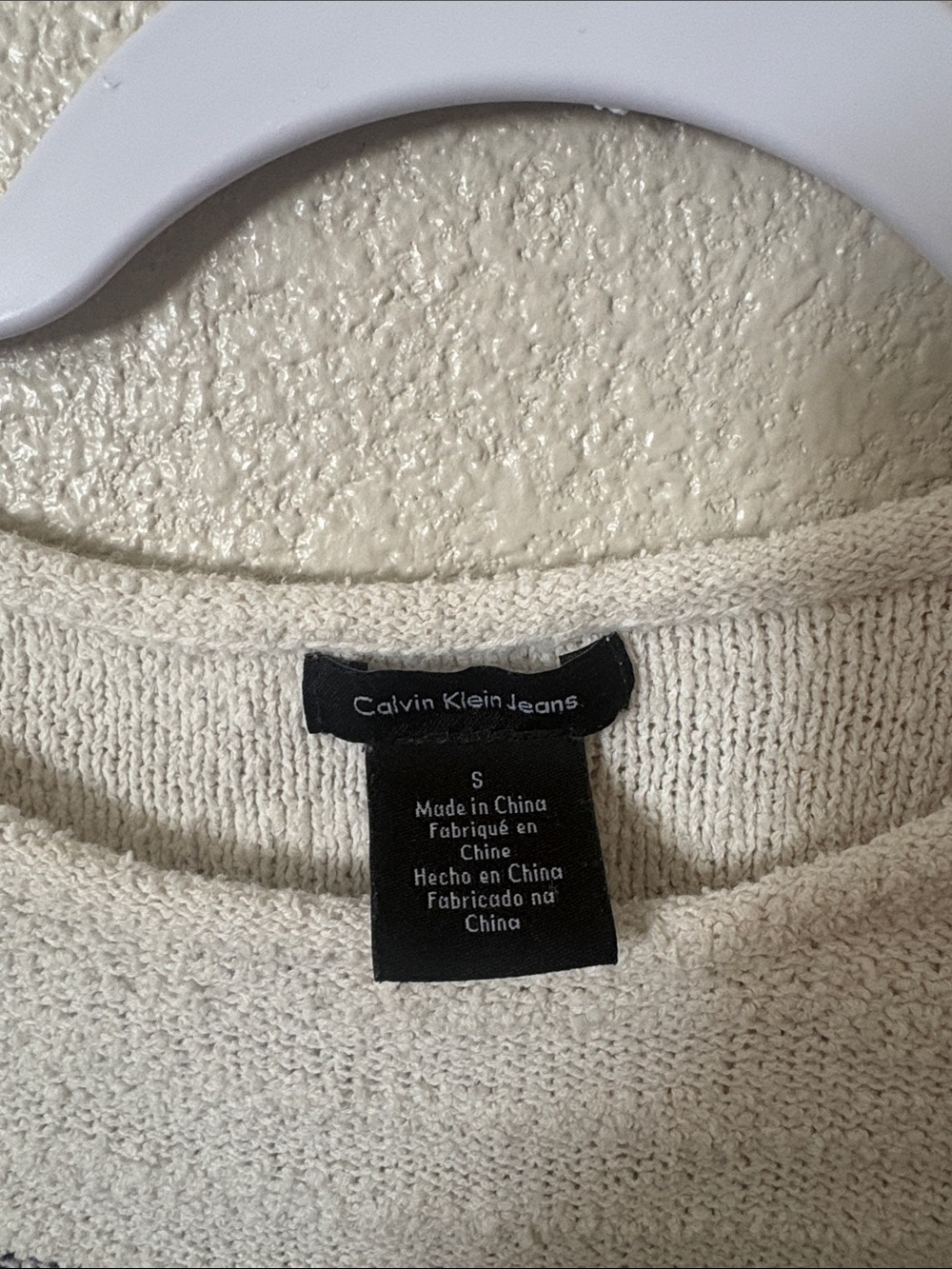 Calvin Klein Jeans Cream and Navy Striped Crew Neck Sweater - Picture 2 of 10
